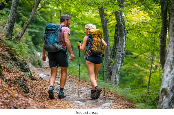 Couple Hiking Through Forest Trail With Backpacks
