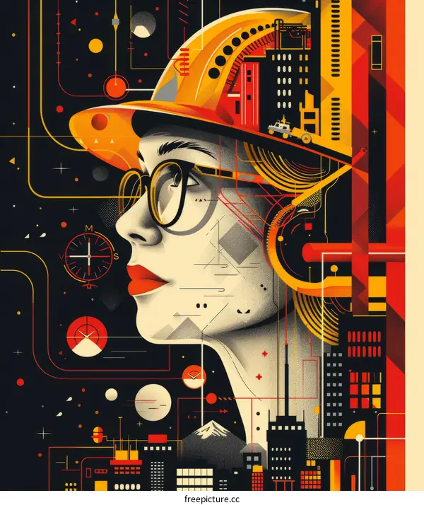 Woman in Hard Hat Looking at Cityscape