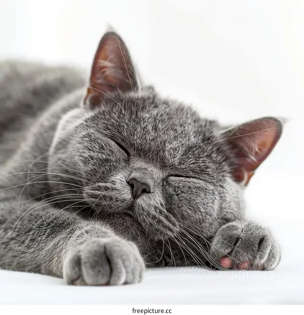 A gray cat is sleeping soundly on a white cloth