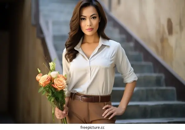 Elegant Asian woman in a stylish outfit with flowers