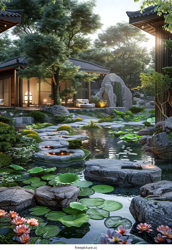 A Japanese courtyard in a mountain forest