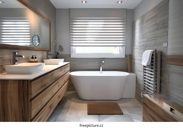Modern Wooden Bathroom with Double Vanity and Bathtub