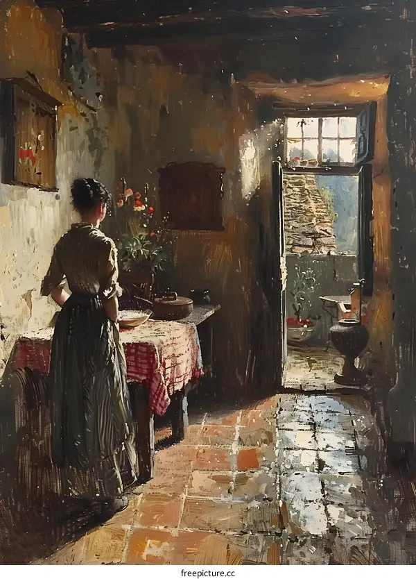 A woman standing in a kitchen looking out an open door