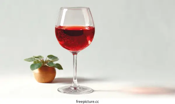 A Glass of Red Wine with a Small Potted Plant on Table