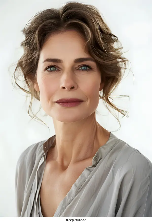 portrait of a beautiful woman with green eyes and curly hair