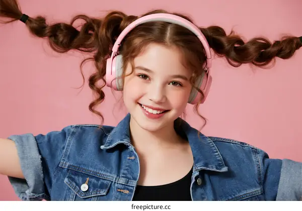 Young girl with curly braids wearing pink headphones