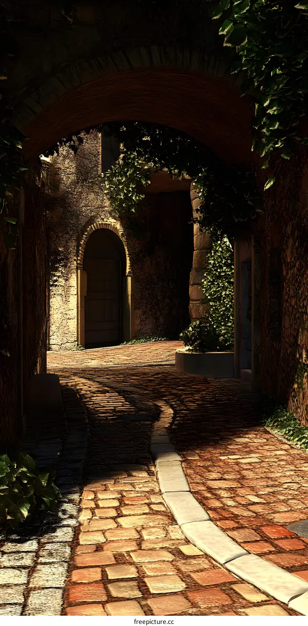 Stone Path Through Archway in Medieval Village