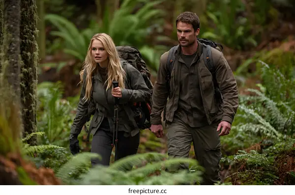Couple Hiking Through Forest Trail with Backpacks