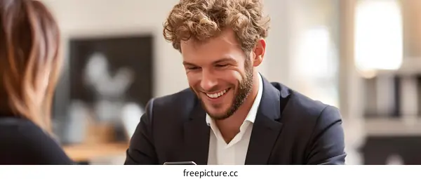 Smiling Man Looking at Phone in Office