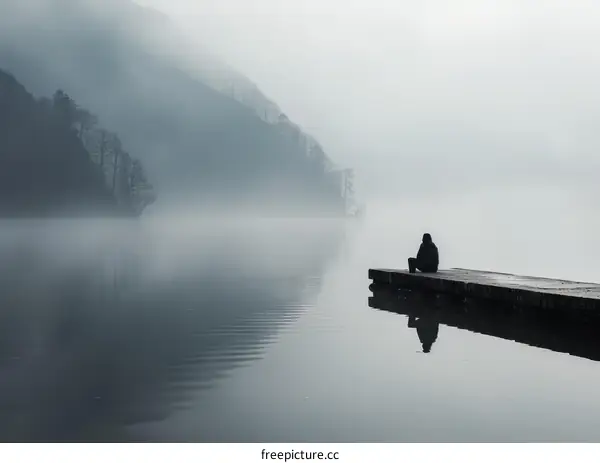 Man sitting on a dock in the middle of a foggy lake
