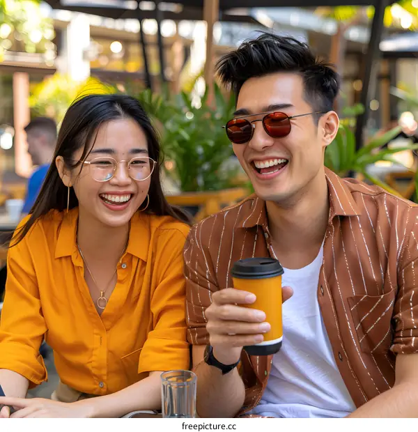 Happy Asian Couple Enjoying Coffee Together at a Cafe