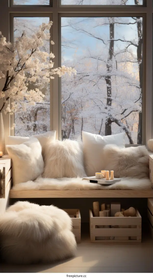 A cozy window seat with a view of a snowy forest