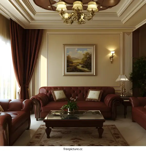 Interior Design Living Room With Red Sofa And Gold Chandelier