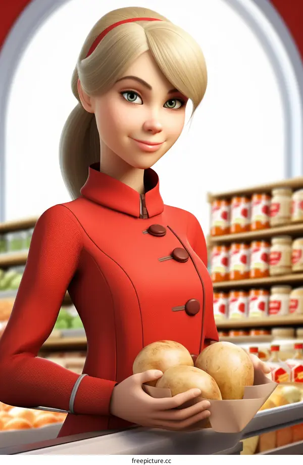 Young Woman with Red Jacket Holding Potatoes in a Grocery Store