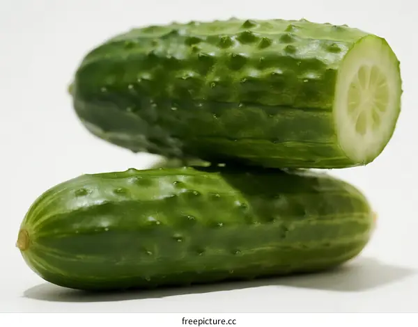 Fresh Green Cucumbers with One Cut in Half Showing Seeds