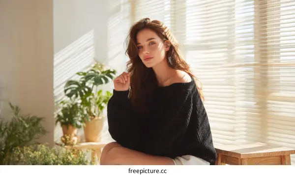 Woman in a Black Knitted Sweater by the Window