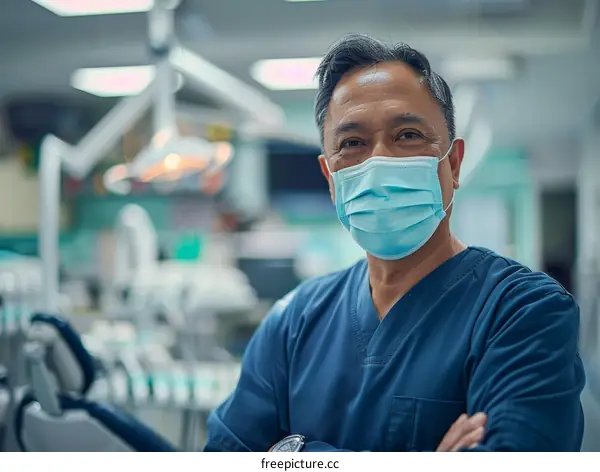 Portrait of a male dentist wearing a mask in a dental clinic