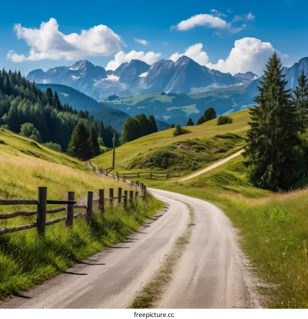 Serene Country Road Winding Through Green Hills
