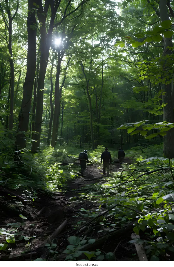 Three People Walking Through A Forest Trail