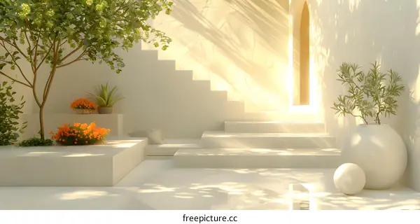3d illustration of a minimalist courtyard with a tree, plants, and a staircase
