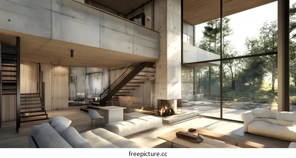 Modern Interior Design With Fireplace and Large Windows