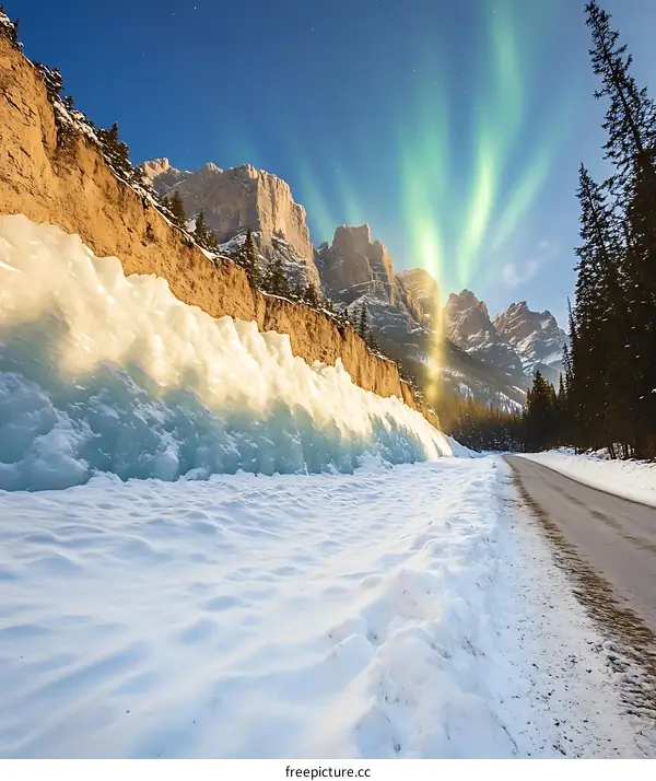 Frozen Waterfall and Mountains with Northern Lights