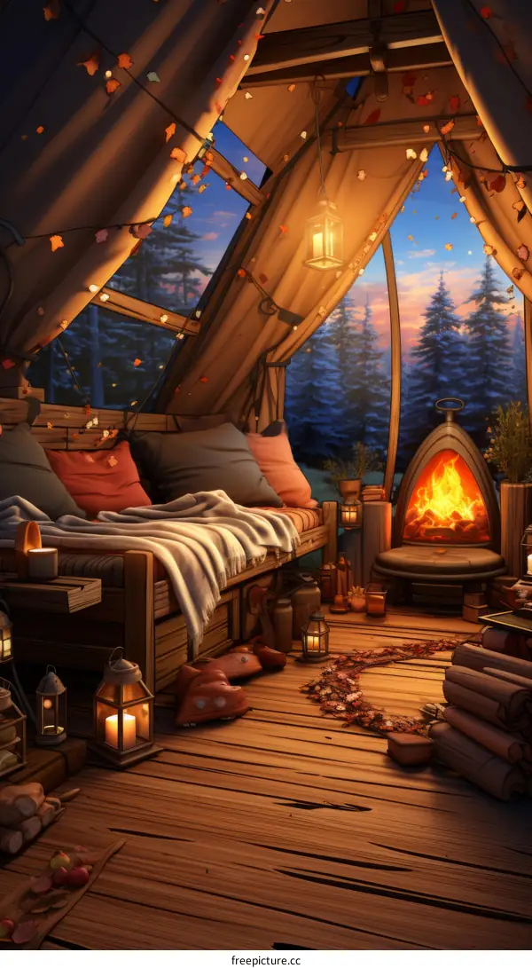 Cozy cabin in the woods with a fireplace and a view of the forest