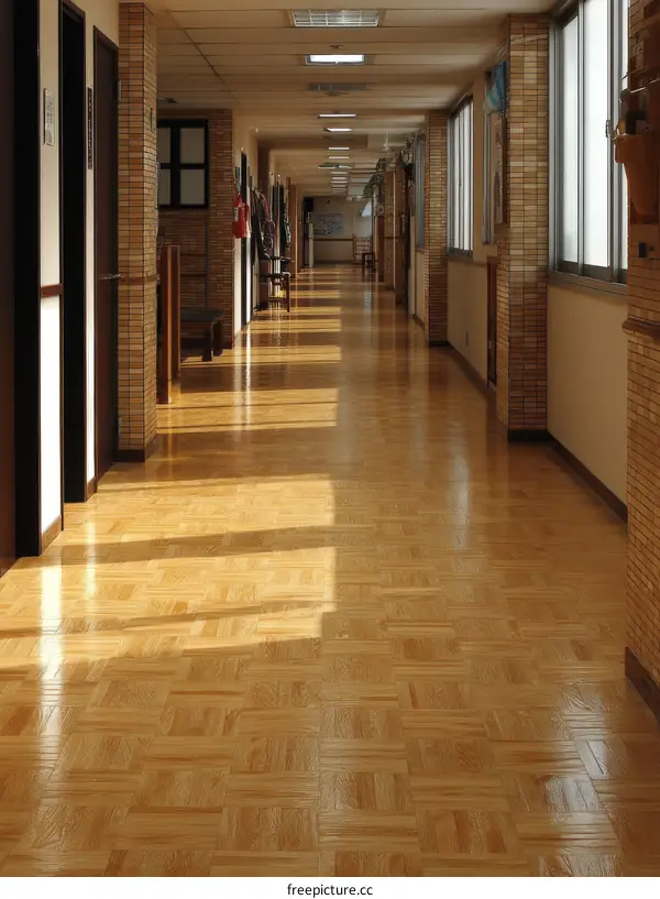 Empty School Corridor Sunlight Reflection