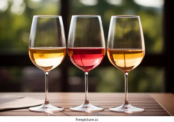 Three glasses of wine in different colors