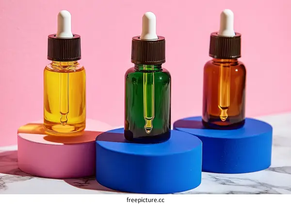 Three Essential Oil Bottles on Decorative Stands
