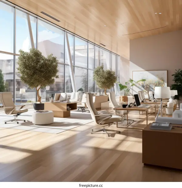 Large bright modern office with wooden floor and large windows