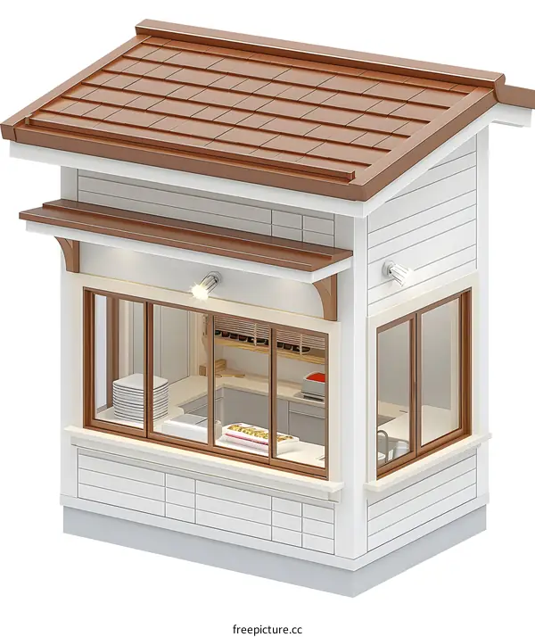 3D Model of a Small Food Stand with a White Exterior and Brown Roof