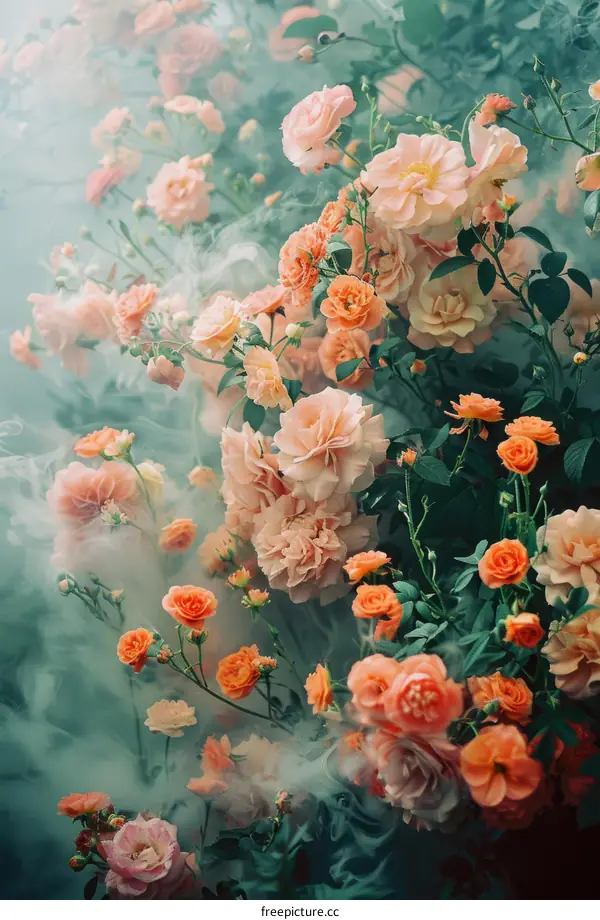 ethereal peach roses in a spring garden
