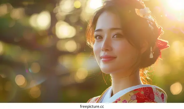 Portrait of a beautiful Japanese woman in traditional kimono