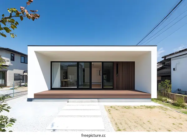 Modern Minimalist White House with Wooden Deck and Glass Doors