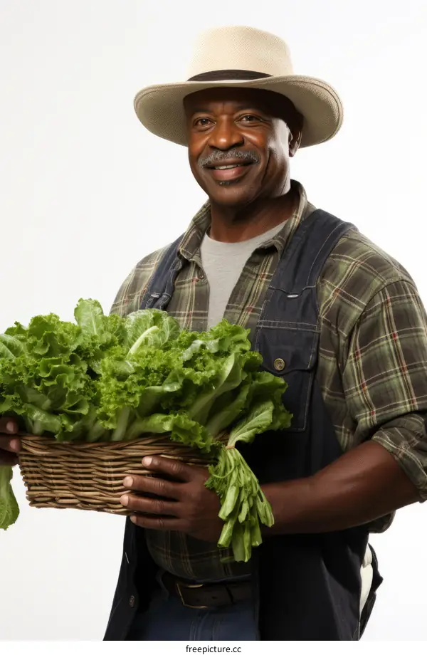 Black Farmer Holding Basket of Lettuce