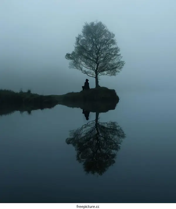 A Solitary Figure Sits on a Rocky Outcrop in a Misty Lake