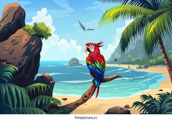 Tropical Paradise With Parrot on Branch