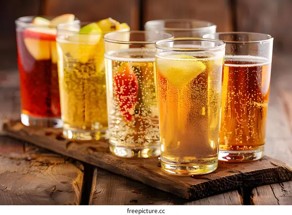 Assortment of Refreshing Summer Drinks in Glasses on Wooden Tray