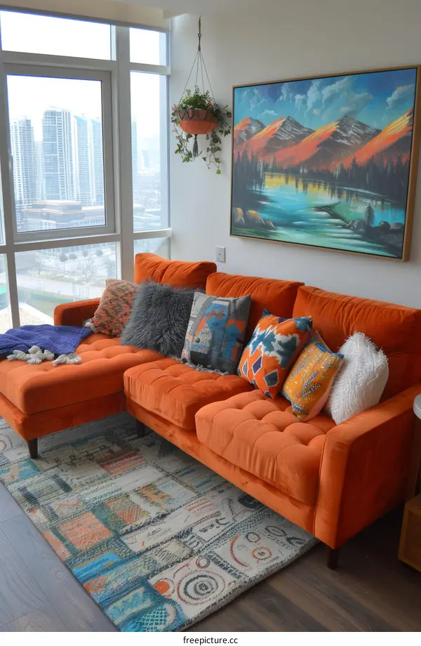 A living room with a large orange couch, a colorful rug, and a painting of mountains.