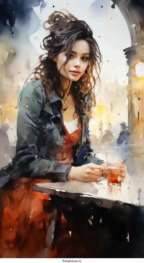 An illustration of a woman sitting at a table and drinking tea