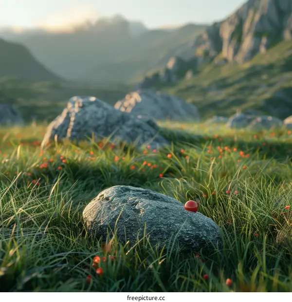 A red ball on a rock in a grassy field with mountains in the distance