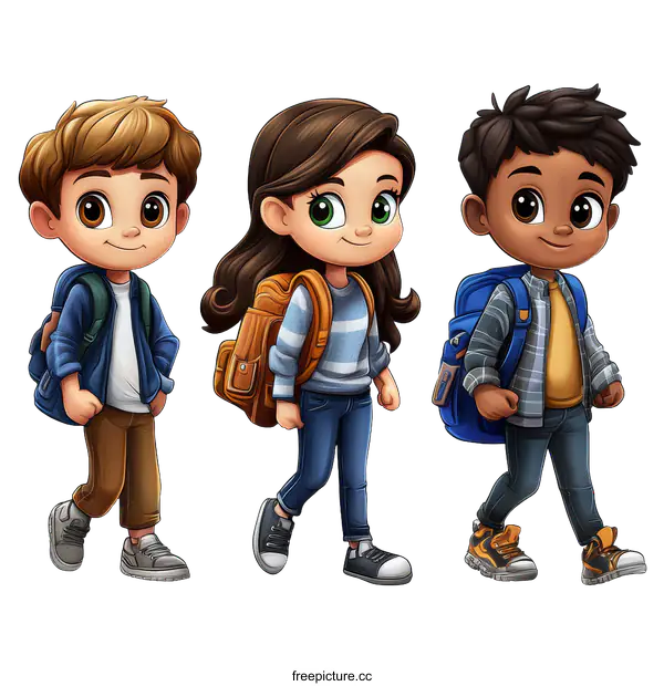 [Transparent Background PNG]Three Kids Going to School Illustration