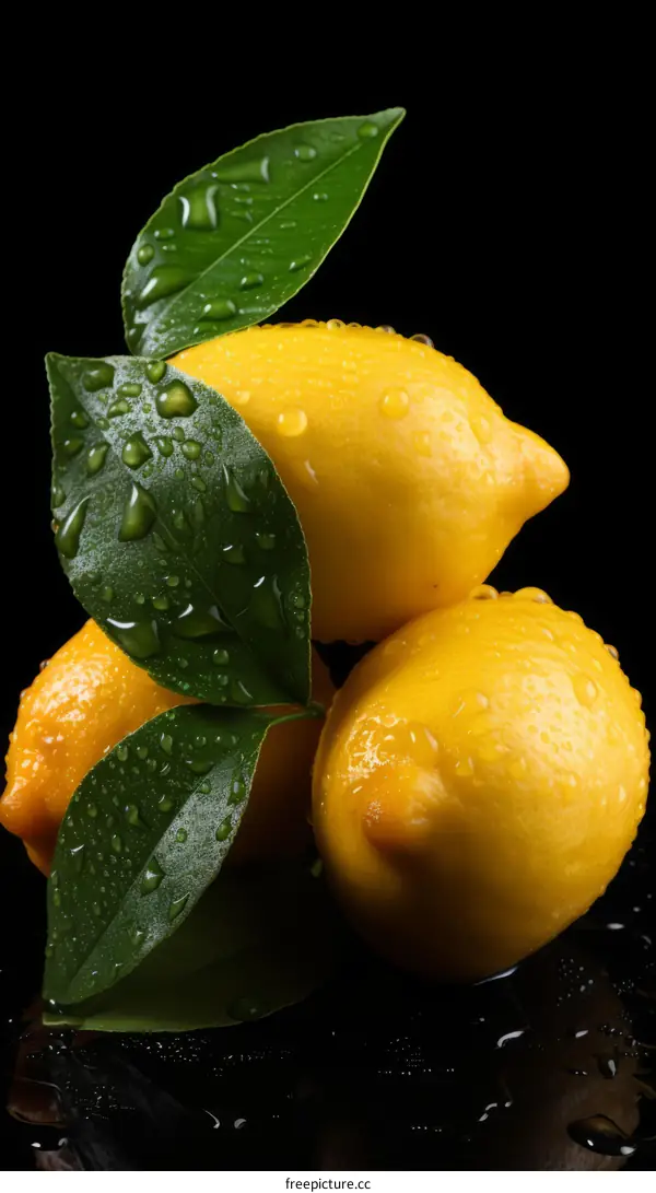 Three Lemons on a Black Reflective Surface
