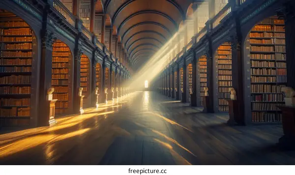 Trinity College Library illuminated by sunlight shining through stained glass windows