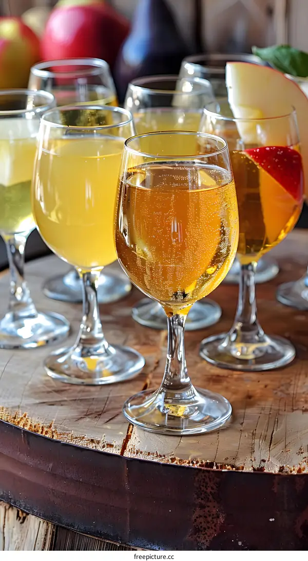 Close Up of Glasses Filled with Sparkling Apple Cider on Wooden Table