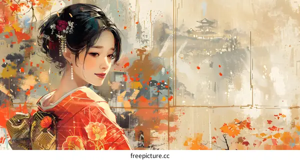 An Asian woman in traditional Japanese kimono stands in a field of red and yellow flowers.