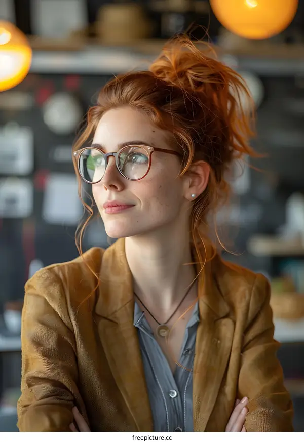 portrait of a young woman with red hair and glasses