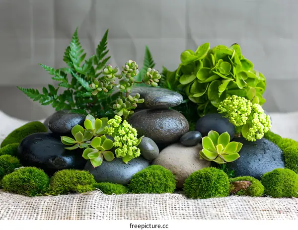 Zen Garden Arrangement With Stones, Moss and Succulents