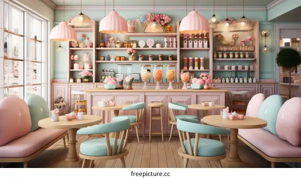 Pink and mint green pastel color scheme cafe interior design